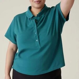 Athleta Women "On the Go" Teal Green Polo Short Sleeve Blouse size Large